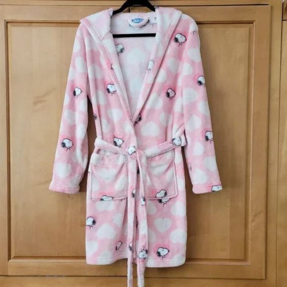 Soft Comfy Pink & White Peanuts Snoopy Bathrobe with Hood - S/M